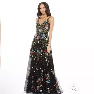 Mac Duggal Beaded Stained Glass Rose Maxi Dress Black Gown Sz 14 $698 5400